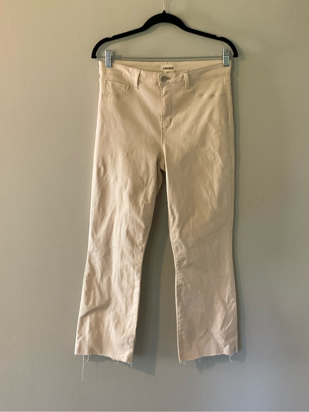 L’AGENCE Kendra Coated Crop Flare Jeans Cream Raw Hem Size 30 - Picture 2 of 7